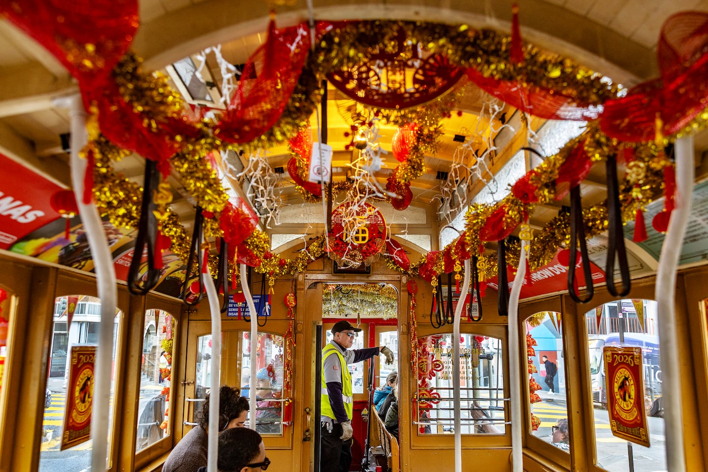 Trolley cars decorated in advance of Chinese New Year in San Francisco on Feb. 3.