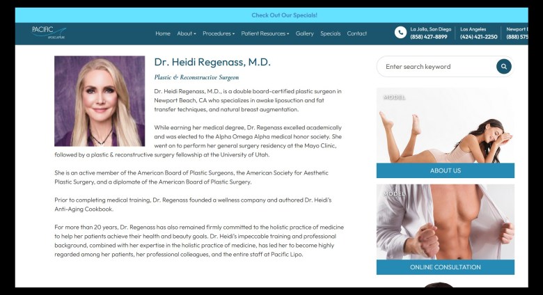 Website profile of Dr. Heidi Regenass, M.D., featuring her photo on the left. Details about her qualifications, specialties, and experience in plastic and reconstructive surgery are provided on the right. The page has a professional tone. Two smaller images show models promoting services and online consultation options.
