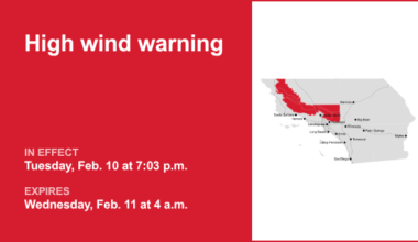 High wind warning affecting 5 Freeway north of LA until early Wednesday morning – gusts could peak at 60 mph – Daily Bulletin