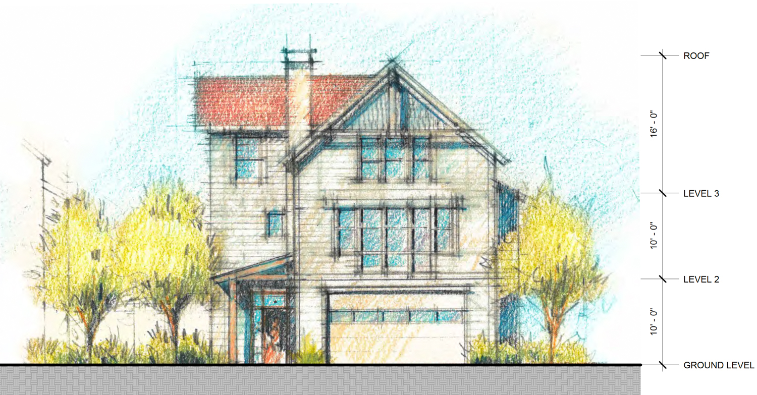 Holy Names University campus redevelopment large cottage house, drawing by Bull Stockwell Allen