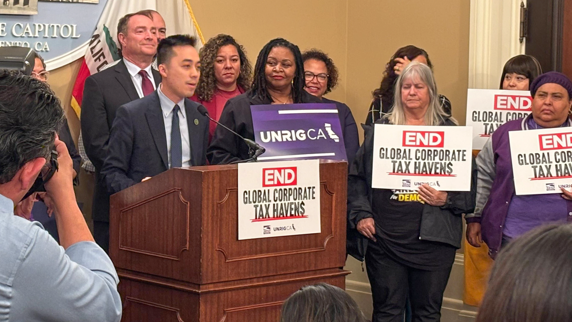 Assemblymember Alex Lee speaks during a press conference about ending offshore corporate tax havens at the California Capitol on Tuesday, Feb. 10, 2026.