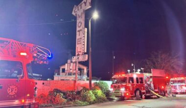 Fire crews responded to a motel fire on G Street in Fresno, California on Sunday, Feb. 15, 2026. A firefighter was injured and was taken to the hospital.