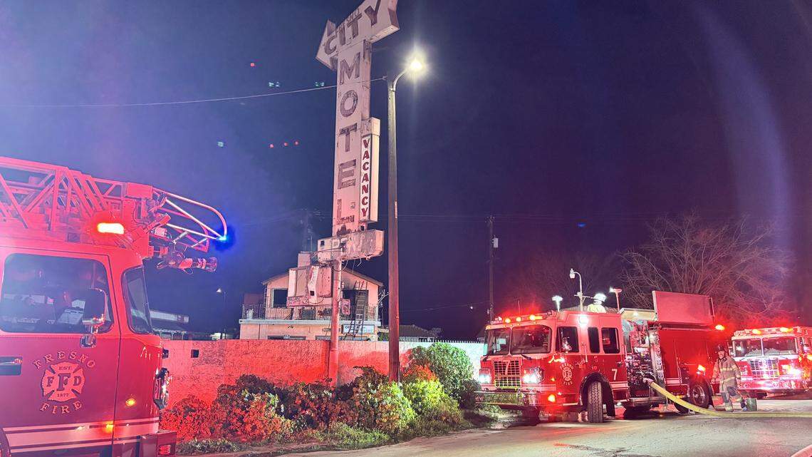 Fire crews responded to a motel fire on G Street in Fresno, California on Sunday, Feb. 15, 2026. A firefighter was injured and was taken to the hospital.