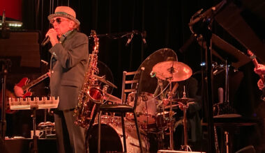 A man in a fedora hat and suit and sunglasses sings into a gold microphone on a stage, surrounded by instruments