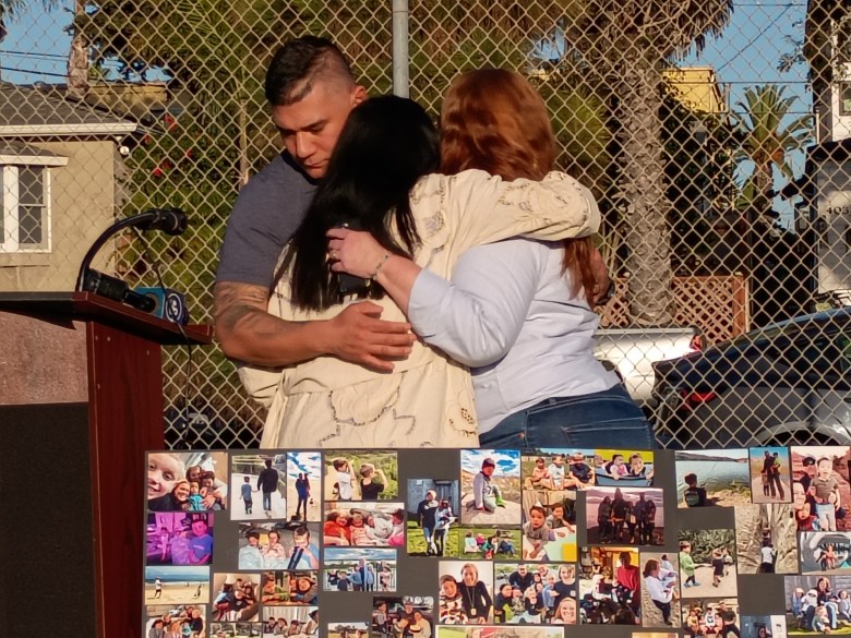 An emotional moment for the family of Hudson O'Loughlin, 6, who was killed in a Pacific Beach car crash. (Photo by Dave Schwab/Times of San Diego)