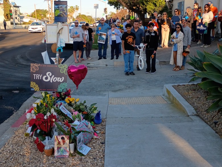 People gather for the memorial for Hudson O'Loughlin, 6, who was killed in a Pacific Beach car crash. (Photo by Dave Schwab/Times of San Diego)