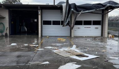 Roof damage of a fire station after a reported funnel in Tranquillity on Monday, Feb. 16, 2026.