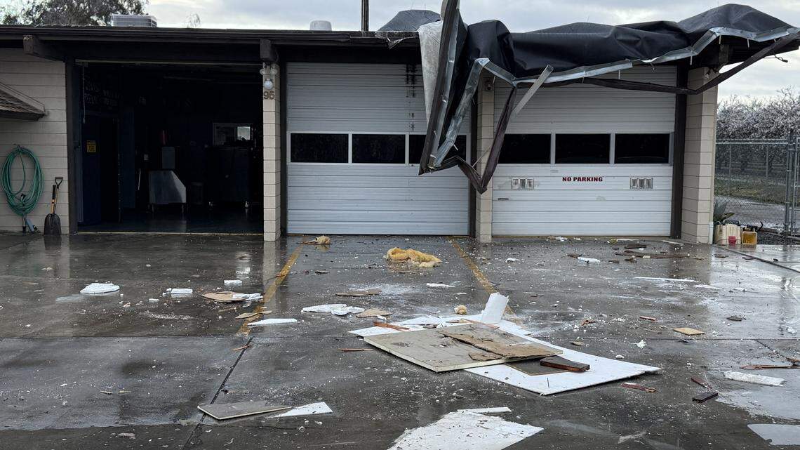 Roof damage of a fire station after a reported funnel in Tranquillity on Monday, Feb. 16, 2026.