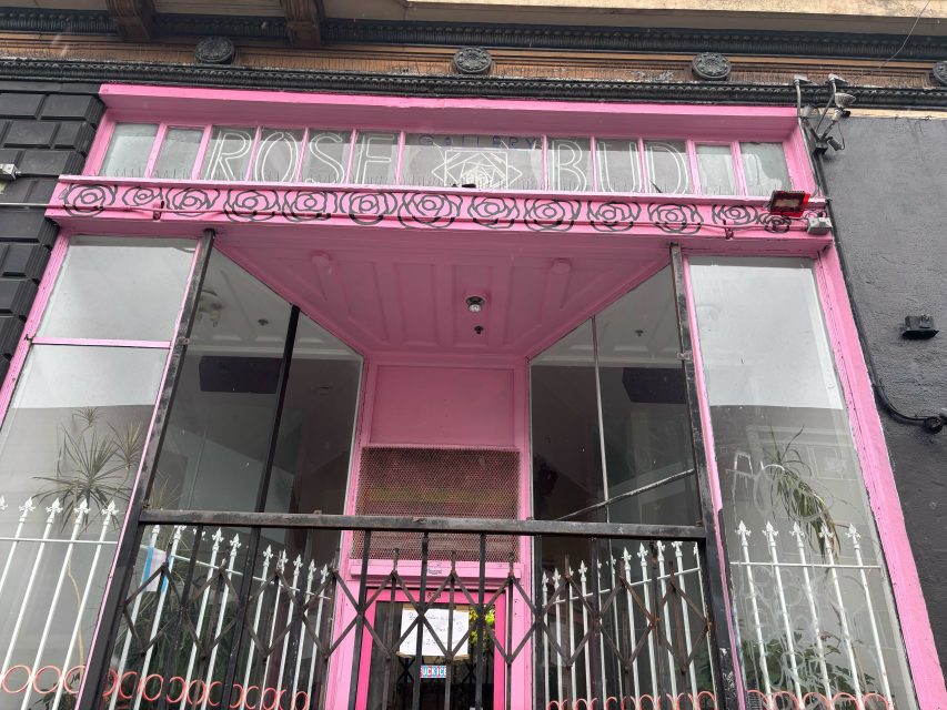 A storefront with faded "ROSE BUD" sign, painted pink, with iron gate fencing and glass windows; the interior appears empty.