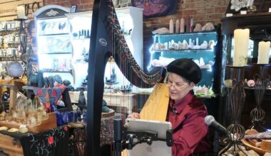 Woman plays harp