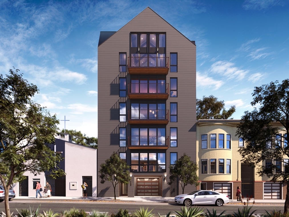 A modern six-story apartment building with balconies, located between two older residential homes, with people walking and cars parked on the street.