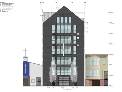 Architectural elevation drawing of a six-story modern building with balconies, situated between a blue church on the left and a beige residential building on the right.