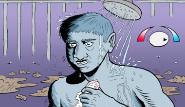 A person with blue-tinged skin showers nervously in a prison cell, holding a sponge, with a temperature gauge showing cold water and wet floor around them.