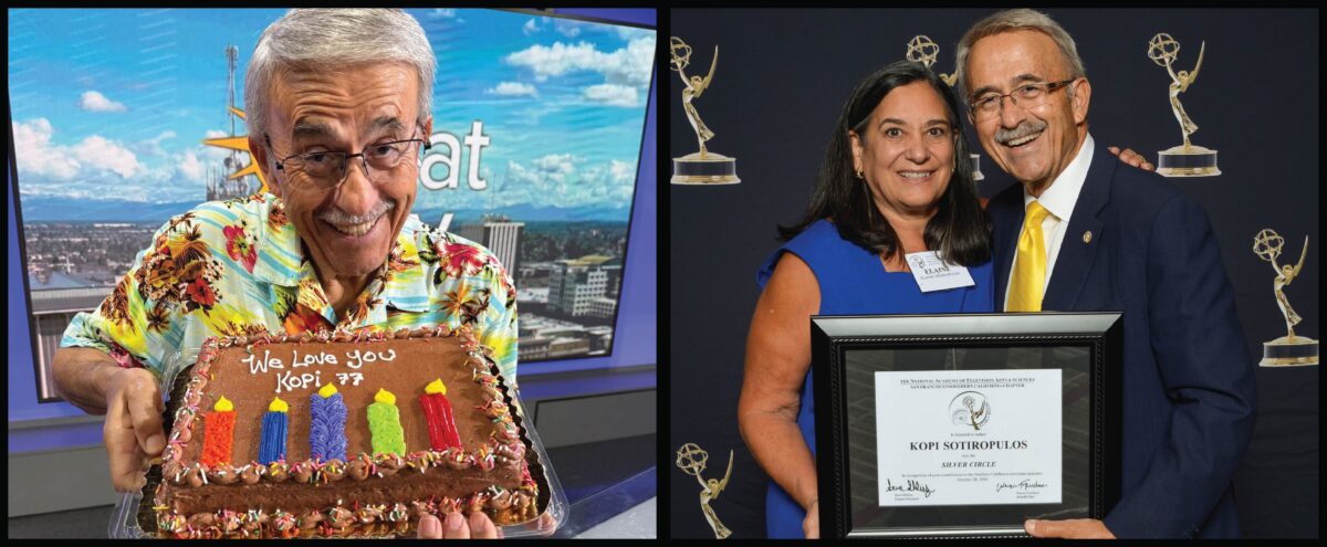man with a cake and accepting award with his wife