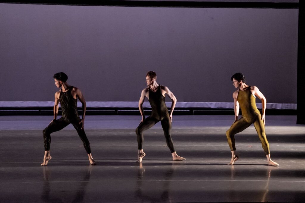Los Angeles Ballet - (L-R) Felipe Zapiola,Theodore Swank, and Nick Sedano in "Frank Bridge Variations" choreography by Hans van Manen - Photo by Cheryl Mann.