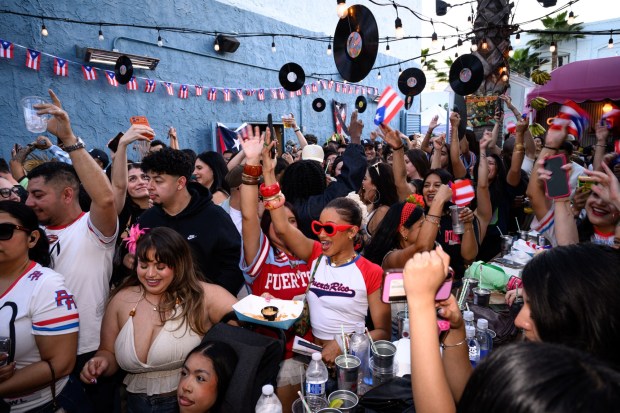 Over 100 people gathered at High Tide, a tropical-themed bar in Downtown Los Angeles, on Sunday, Feb. 8 for a viewing party of rapper Bad Bunny performing during the 2026 Super Bowl halftime show. (Photo by Jacob Lewis, Contributing Photographer)