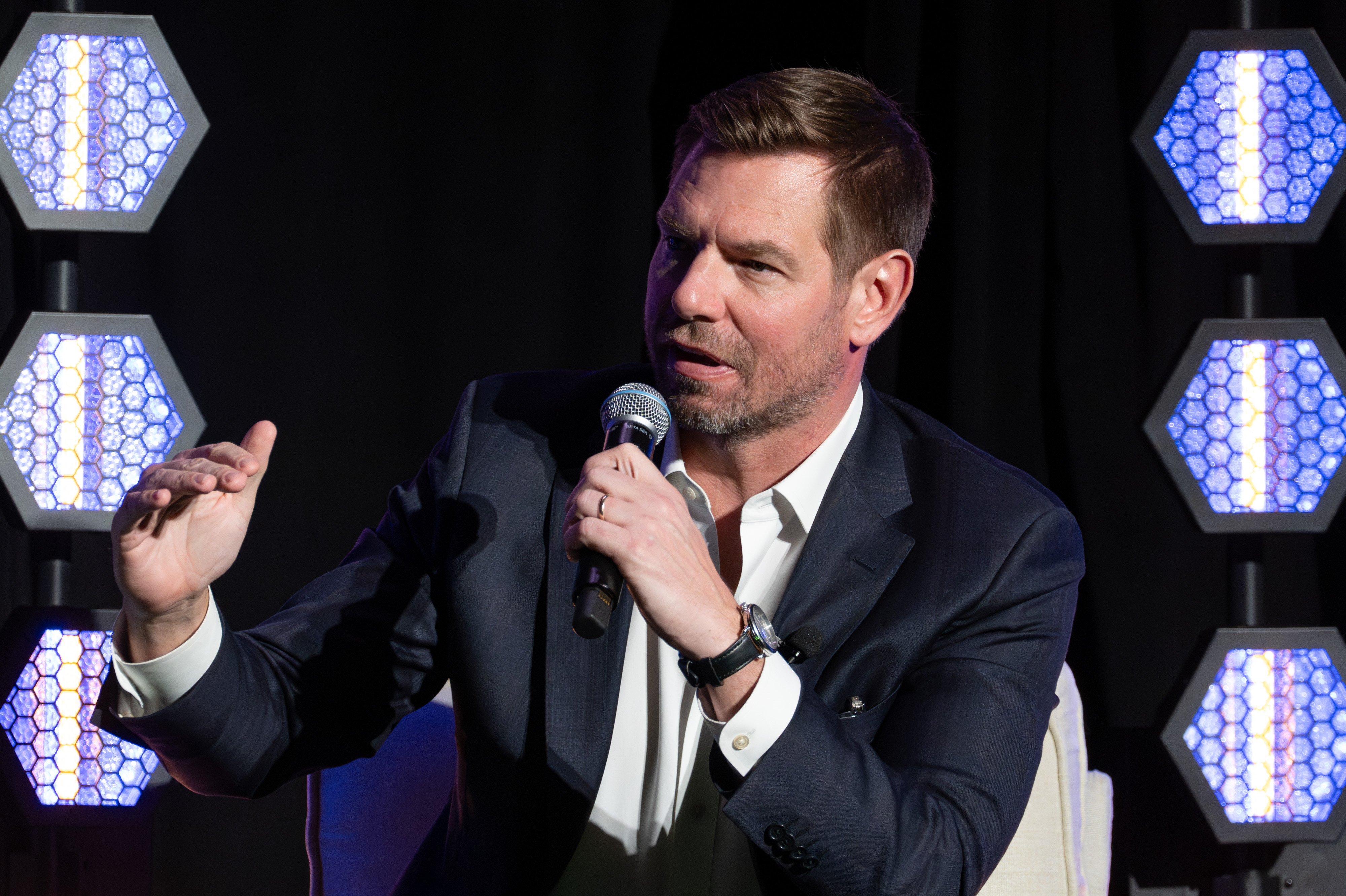 Rep. Eric Swalwell, candidate for California governor, takes part in...