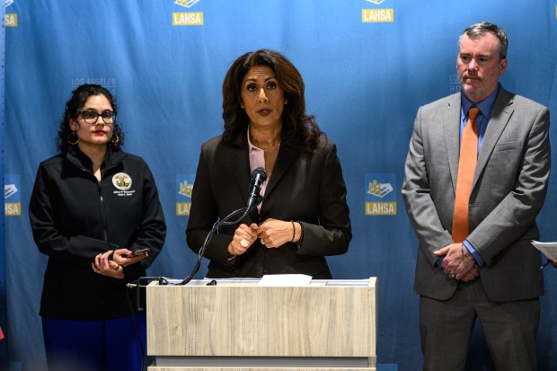 Gita O'Neill, Los Angeles Homeless Services Authority interim CEO, speaks at the 2026 Greater Los Angeles Homeless Count Kickoff press conference on Tuesday, Jan. 20, 2026. (Photo by Jacob Lewis, Contributing Photographer)