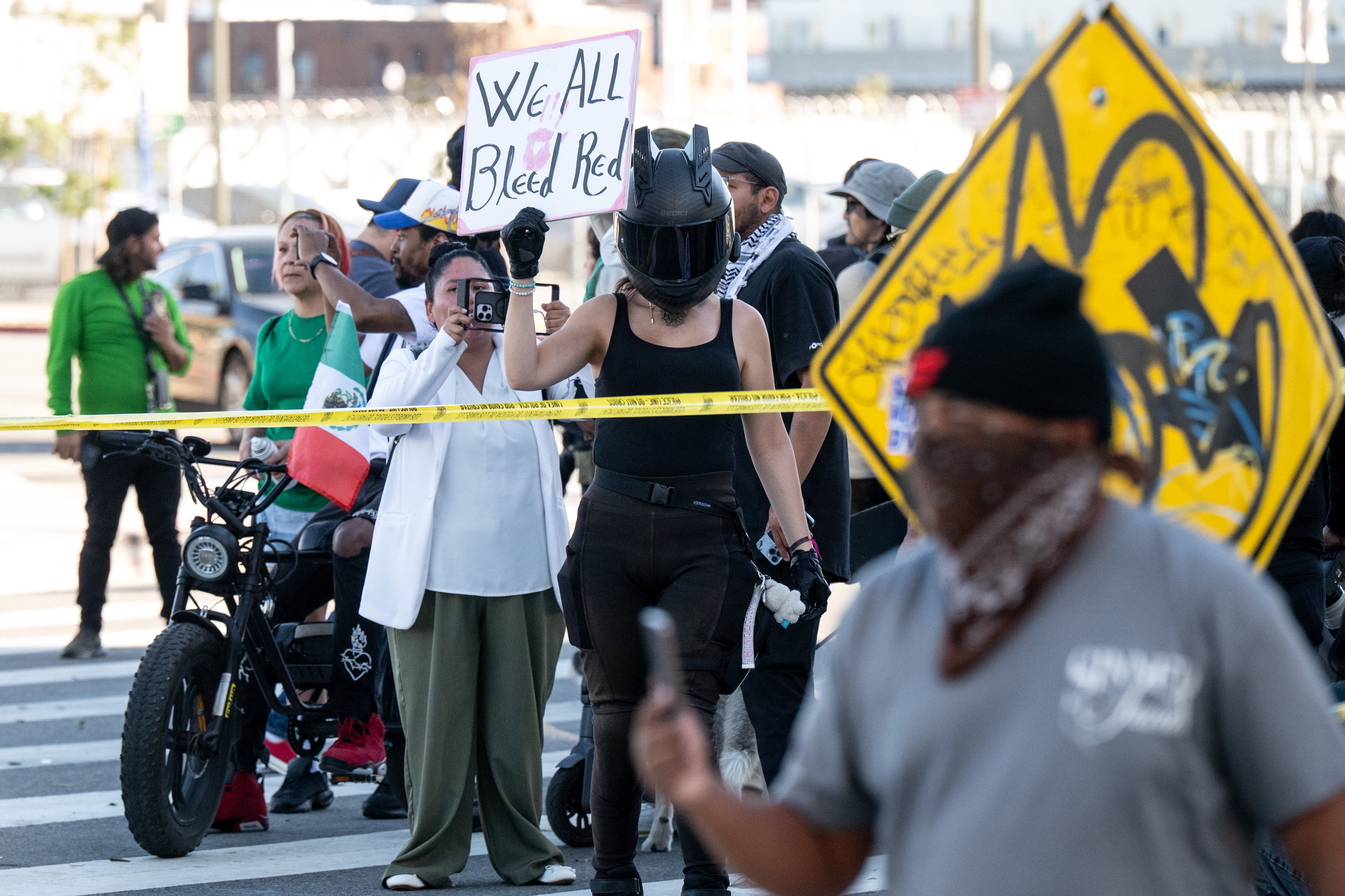 A small group of protesters at the Temple and Alameda...