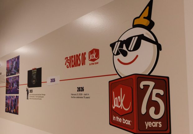 A timeline showcasing Jack in the Box's history ends with the chain's 75th anniversary at its headquarters on Thursday, Feb. 5, 2026 in San Diego, (Kristian Carreon / The San Diego Union-Tribune)