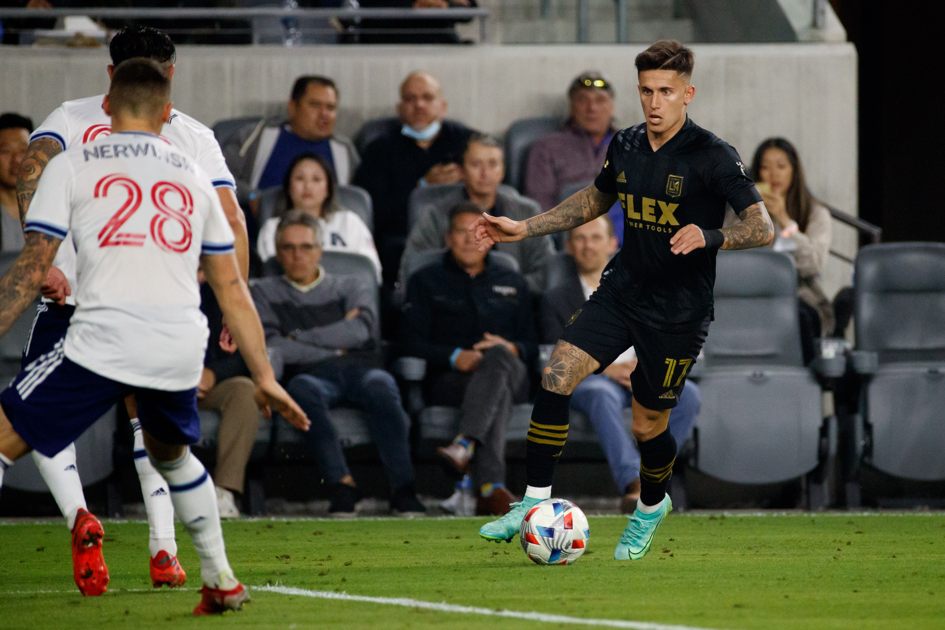 LAFC midfielder Brian Rodriguez looks to pass during the second...