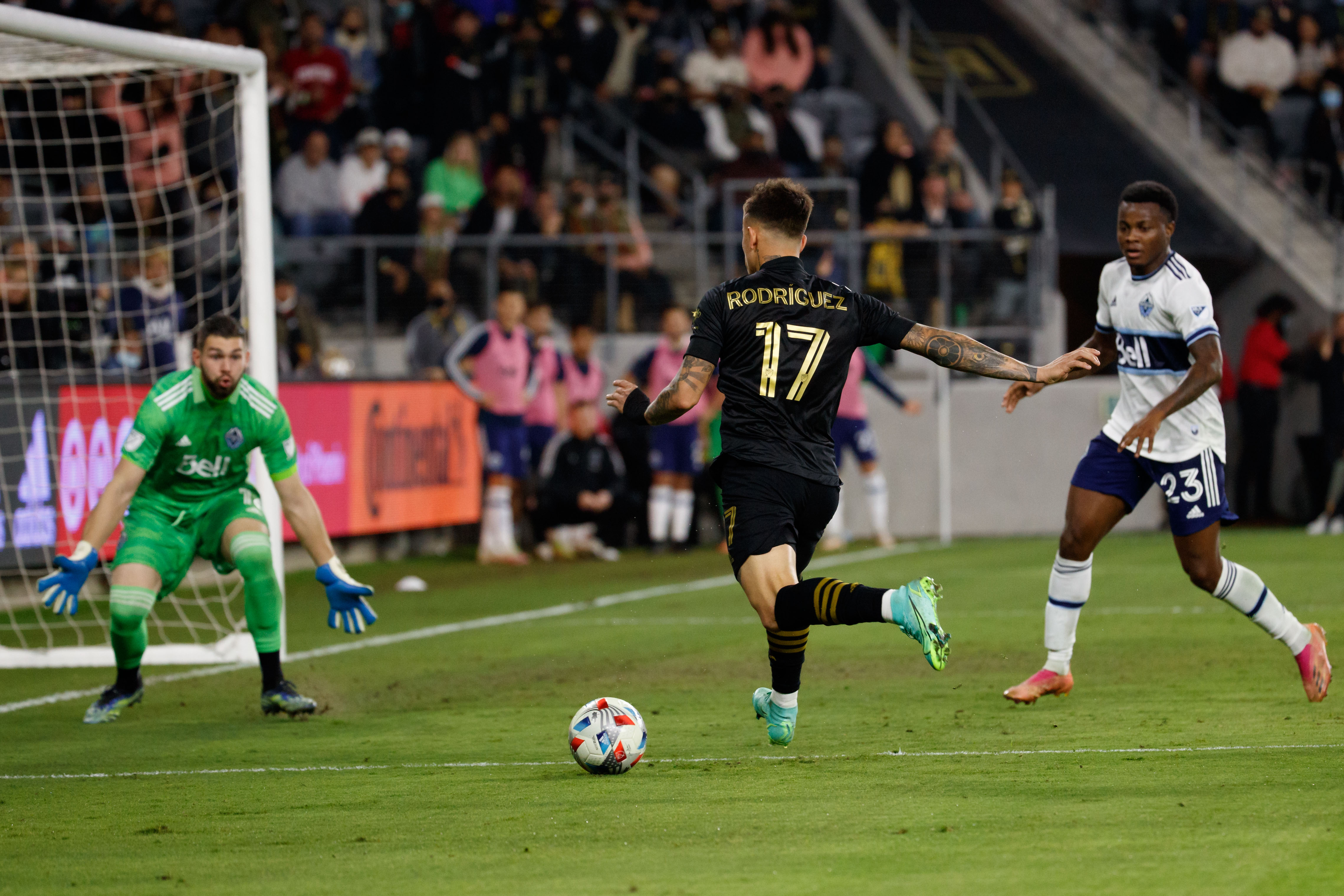 LAFC midfielder Brian Rodriguez prepares to shoot during the second...