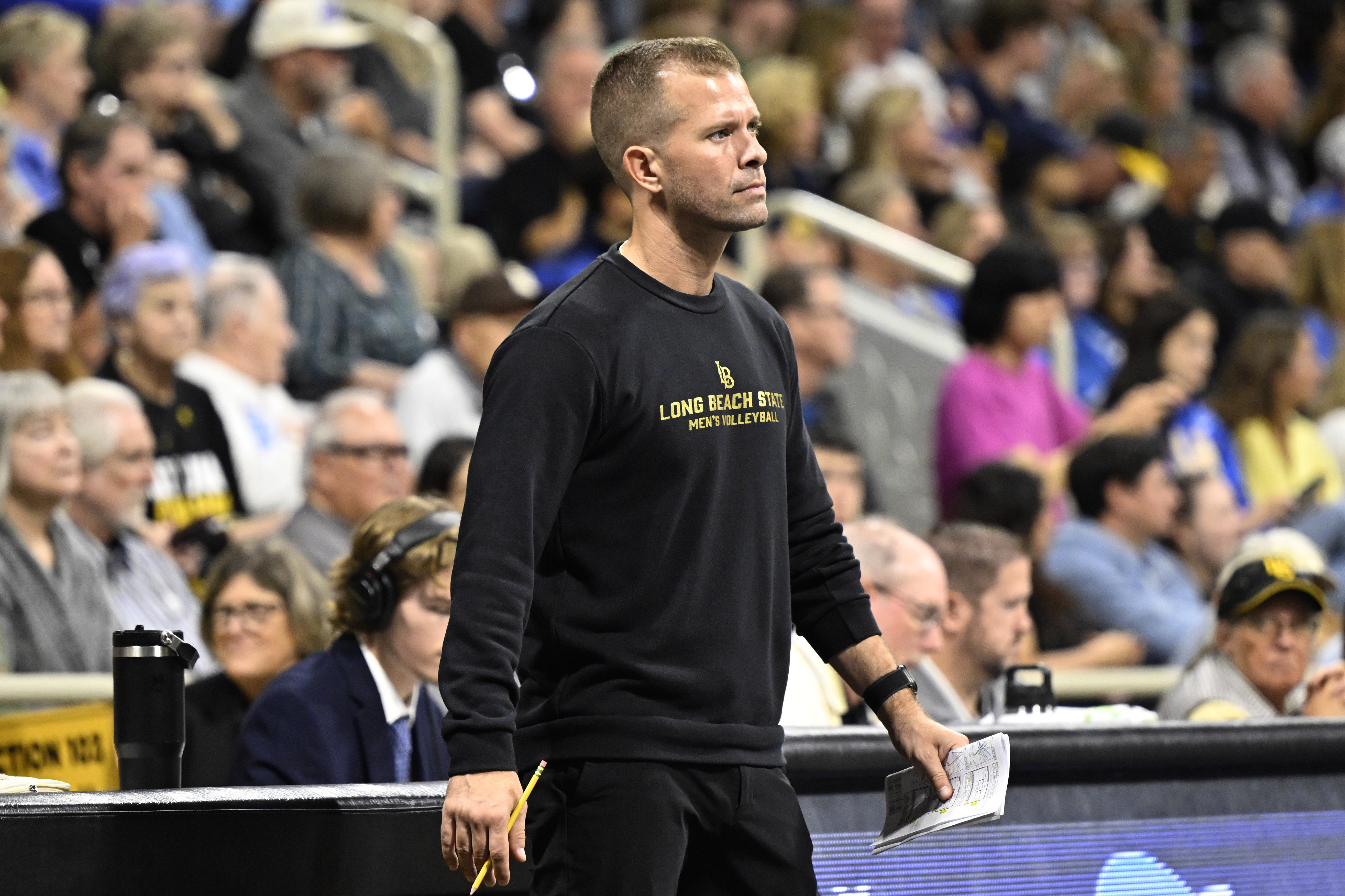 Long Beach State men’s volleyball head coach Nick MacRae looks...