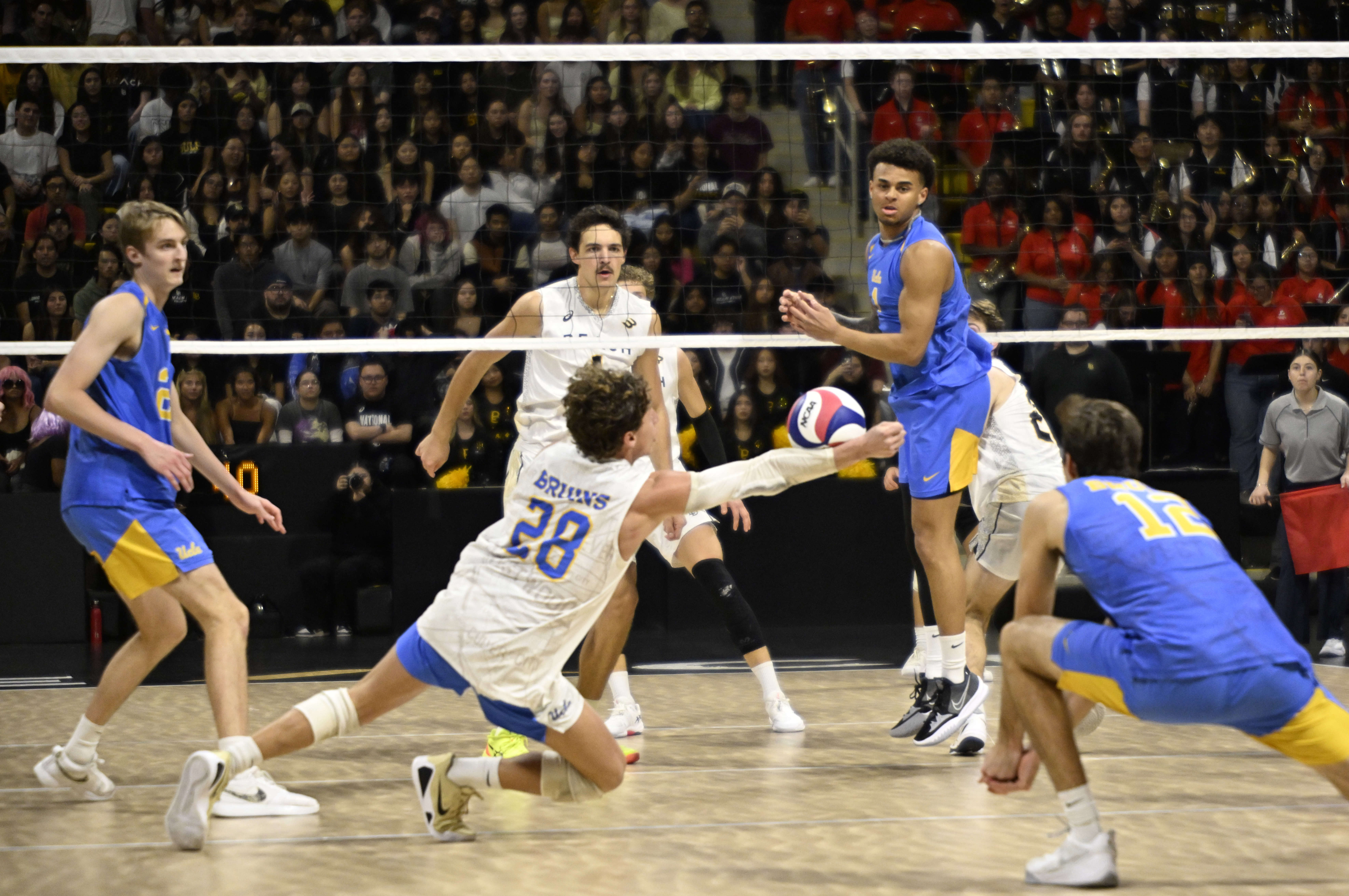 UCLA libero Christopher Connelly (28) reaches for the ball during...