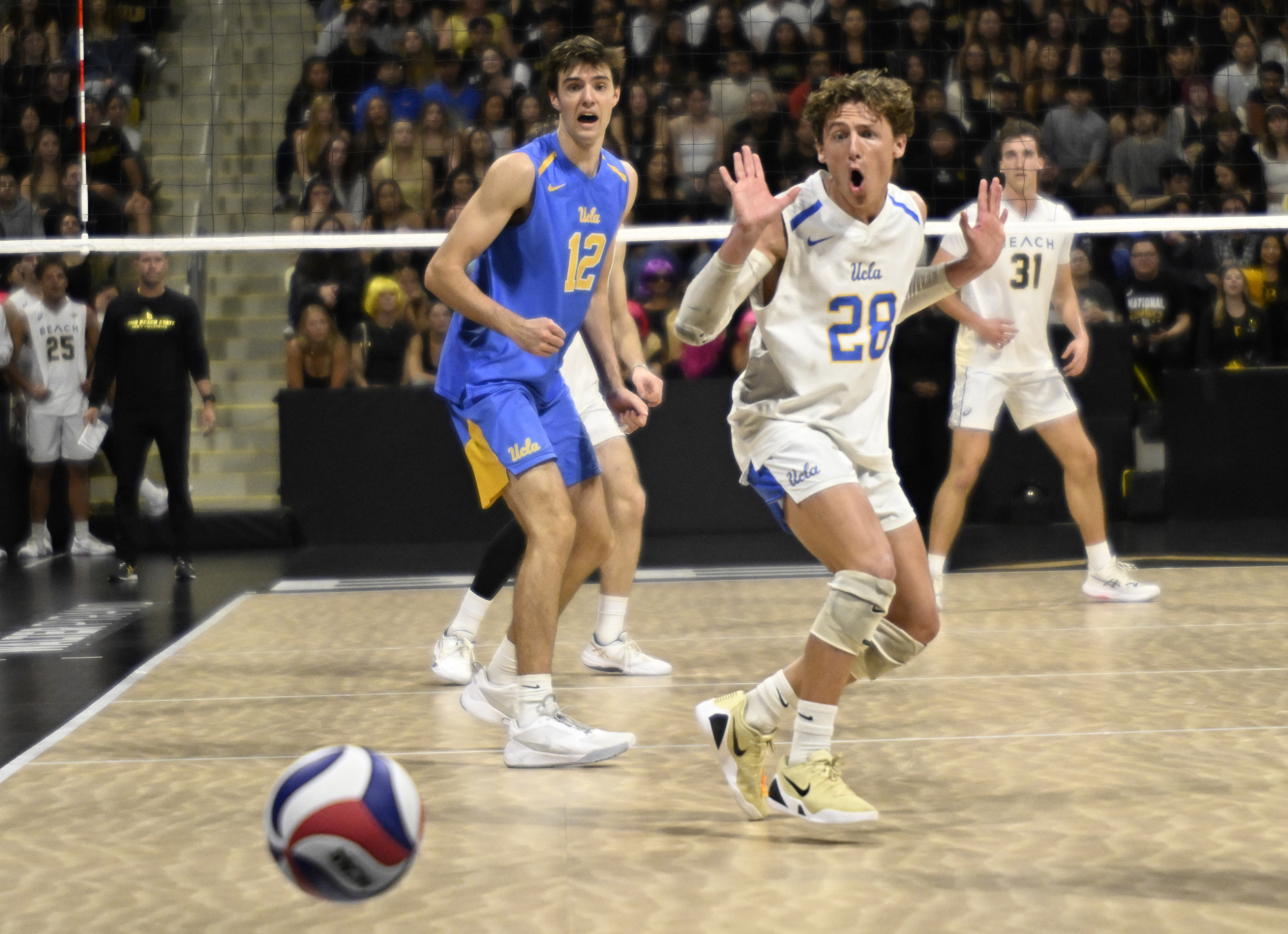 UCLA libero Christopher Connelly (28) reacts as a Long Beach...
