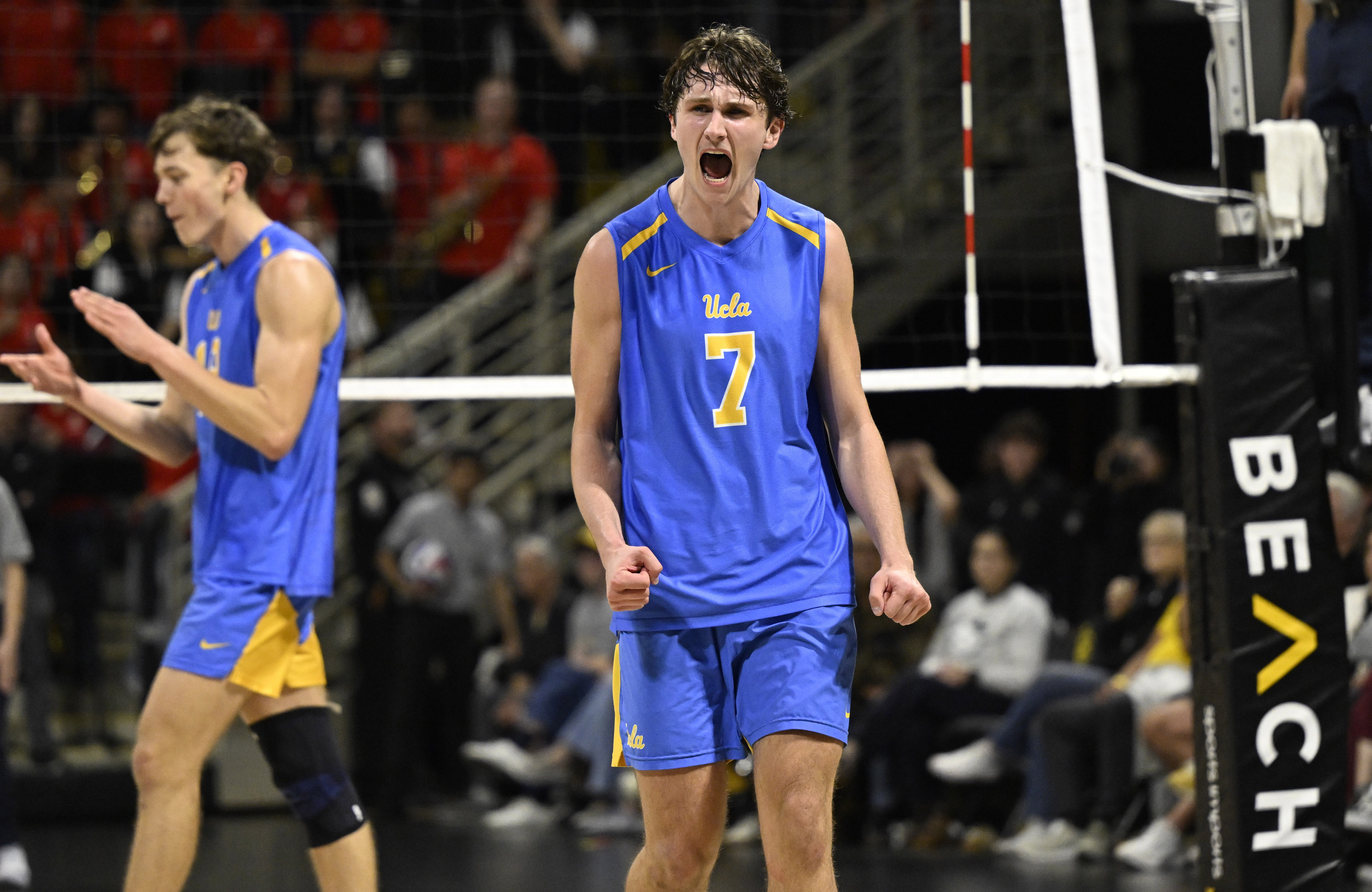 UCLA setter Andrew Rowan celebrates after a point during the...