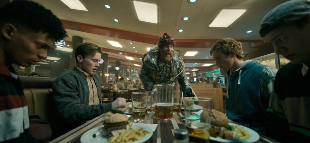 Sam Rockwell confronts Norms diners in the futuristic comedy "Good Luck, Have Fun, Don't Die." (Image courtesy of Briarcliff Entertainment)
