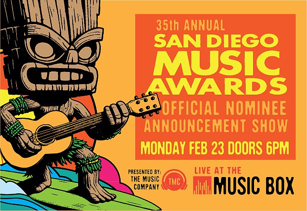 A tiki god plays guitar in a poster announcing the San DIego Music Awards nominee show
