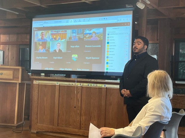 Joaquin Quintero delivers updates on behalf of District 1 City Councilman Joe LaCava at the July 16 La Jolla Shores Association meeting. Community members are invited to join meetings in-person or via Zoom. (Noah Lyons)