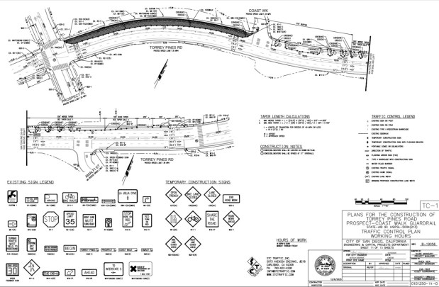 The latest available traffic control plan for a Torrey Pines Road guardrail project is dated Dec. 8. (City of San Diego)