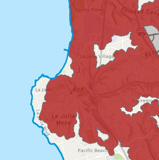 The Local Responsibility Area Fire Hazard Severity Zone map for the city of San Diego shows a large majority of La Jolla designated as a "very high fire hazard severity zone." (Screenshot by Noah Lyons)