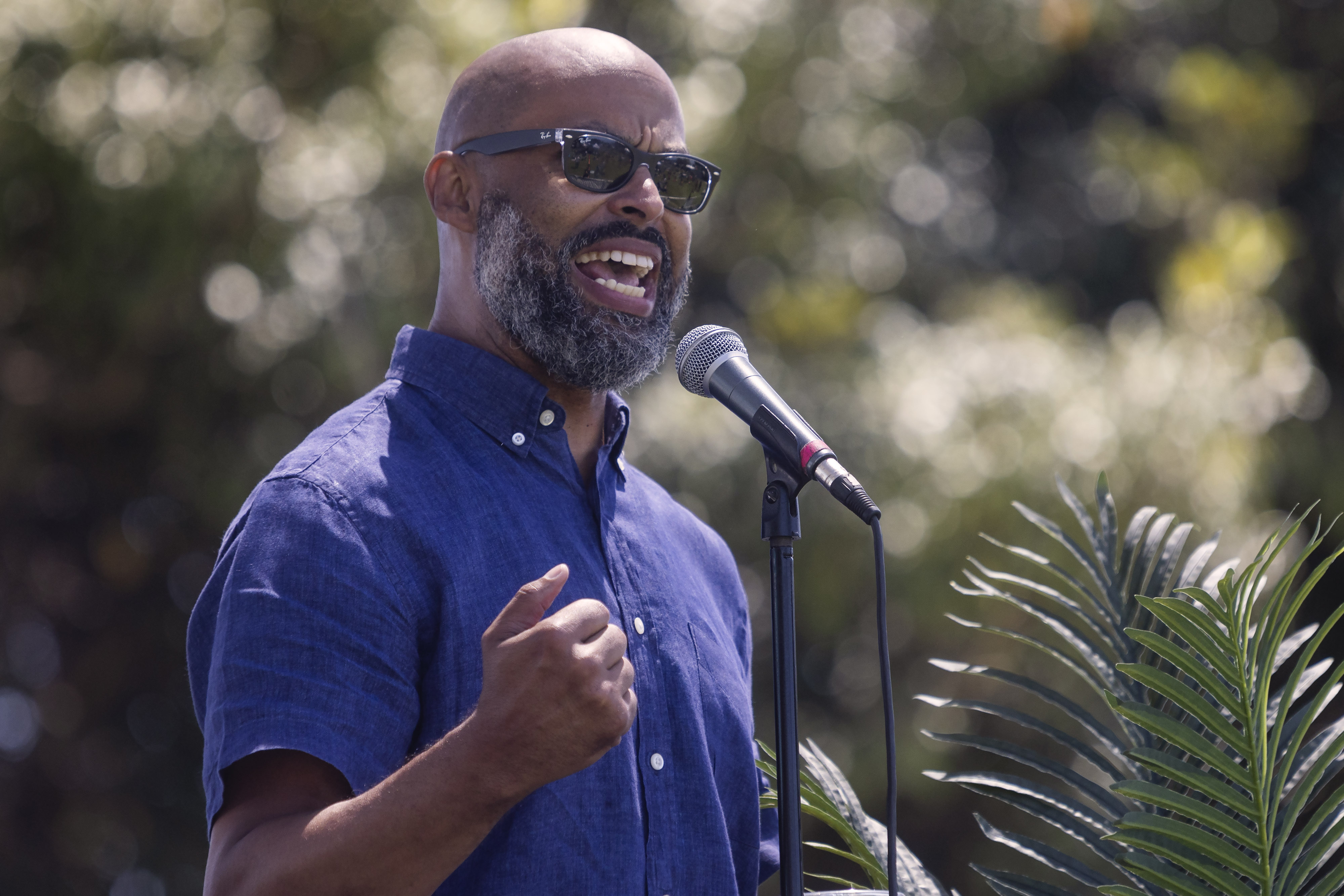 Carl Kemp speaks during Long Beachâs annual Juneteenth Celebration at...