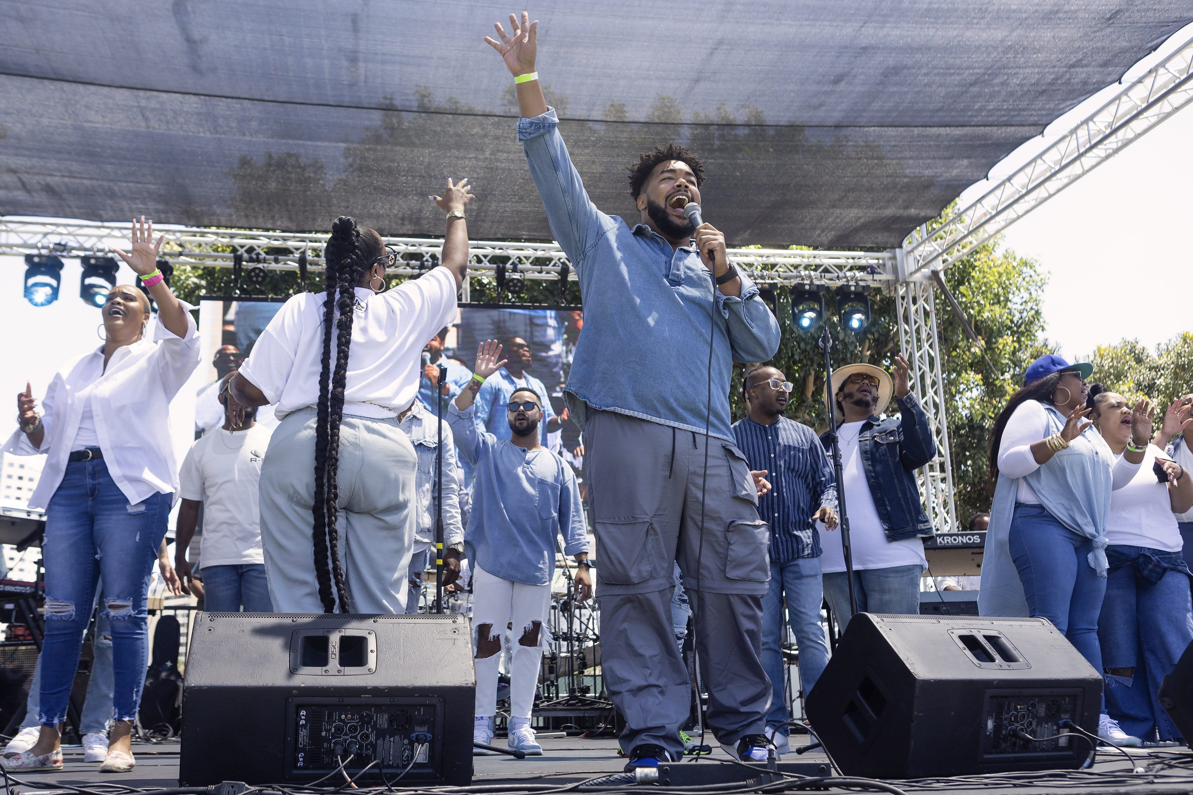 The Antioch Church of Long Beach’s Mass Choir performs during...