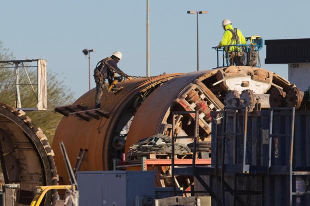 Construction is underway near the Vegas Loop on Wednesday, Feb. 4, 2026, in Las Vegas. (AP Photo/Ty ONeil)