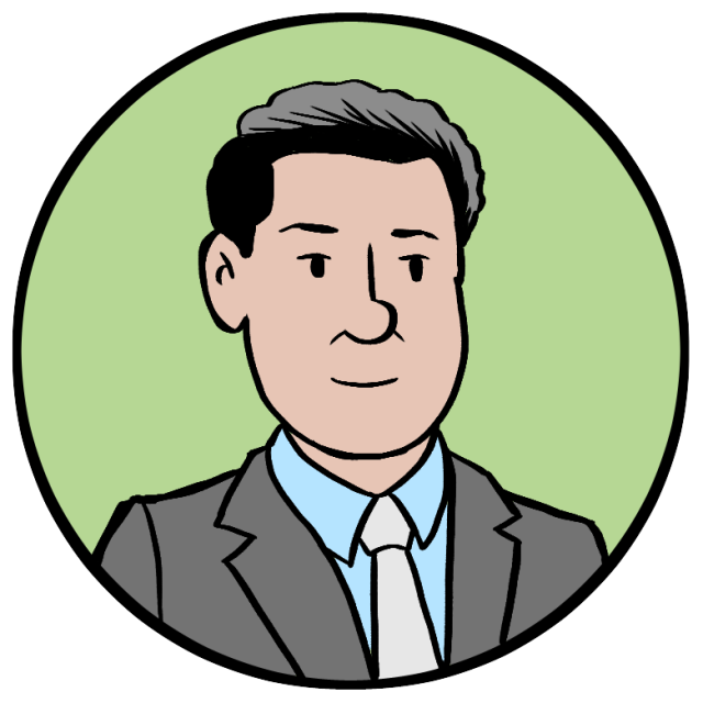 Cartoon illustration of a man with dark hair in a suit, tie, and blue shirt, shown inside a green circular background.