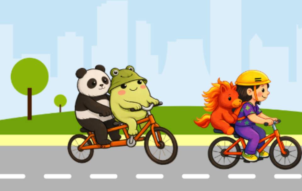 children's book style illustration of animals riding bicycles together