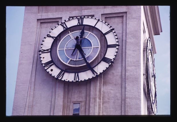 Dancers from Zaccho Dance Theatre perform a piece called "NOON" in 1995 on the clock tower of the Ferry Building in San Francisco, Calif. (Theodora Litsios via Zaccho Dance Theatre)