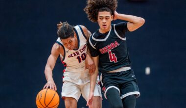 Santa Rosa guard Amari Grey, left, braces against Sierra defense during the game against Sierra on Tuesday, Feb. 10 in Haehl Pavilion.