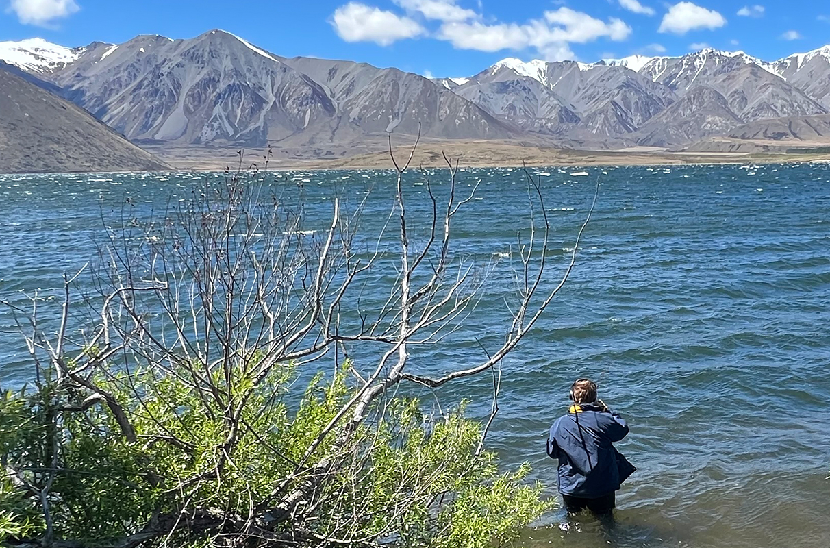 A Maori tribal youth standing in shallow water on the edge of Lake Heron fishing.