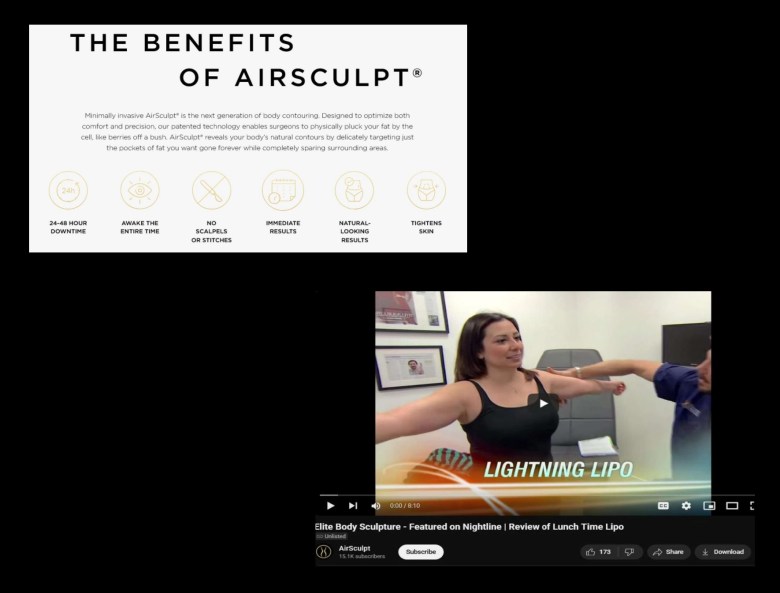 The image highlights the benefits of AirSculpt body contouring, featuring a text section with icons about minimal downtime, natural results, and a video of a smiling woman in a medical setting titled "Lightning Lipo."