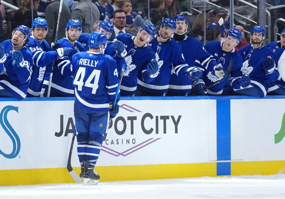 Morgan Rielly Toronto Maple Leafs Bench Celebration