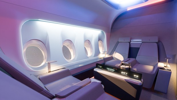 Renderings of face-to-face seating configurations for the Horizon commercial aircraft. (Natilus)
