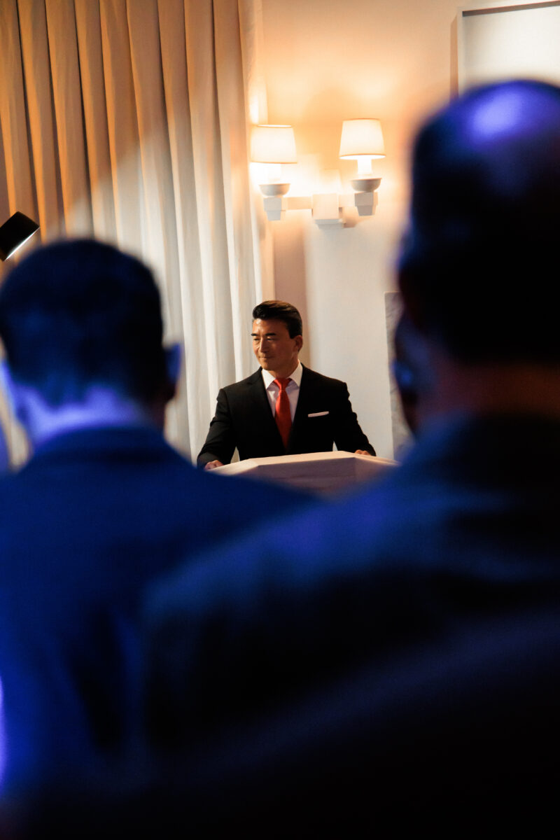 Los Angeles City Council District 5 candidate Eddie Ha speaking at a charity event