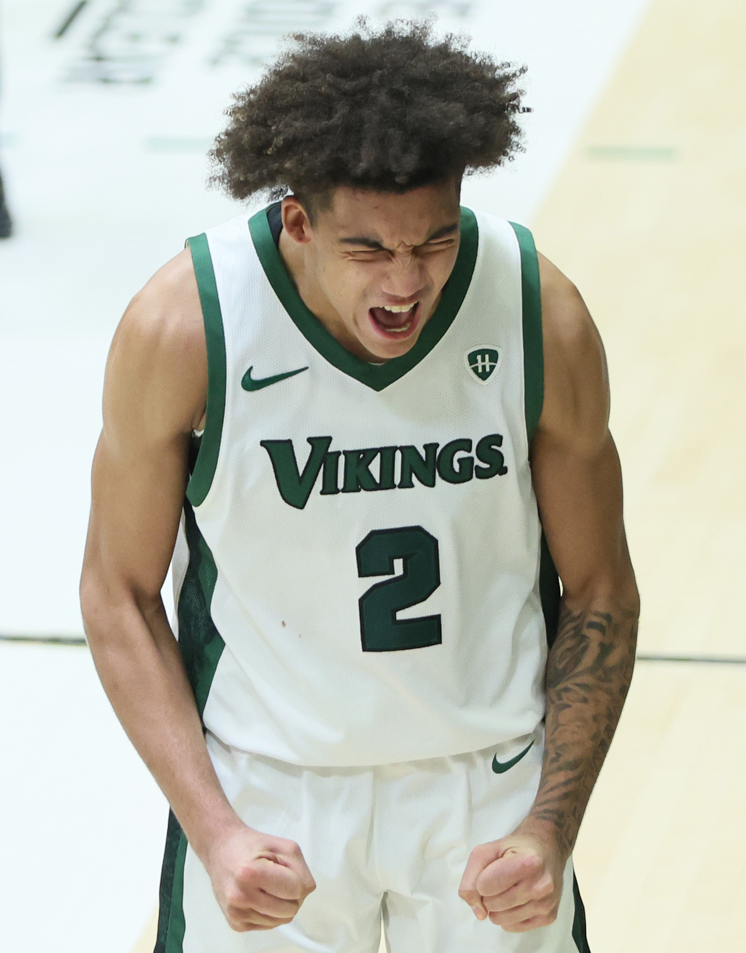 Cleveland State Vikings guard Jaidon Lipscomb celebrates his score in the second half against the Oakland Golden Grizzlies.  