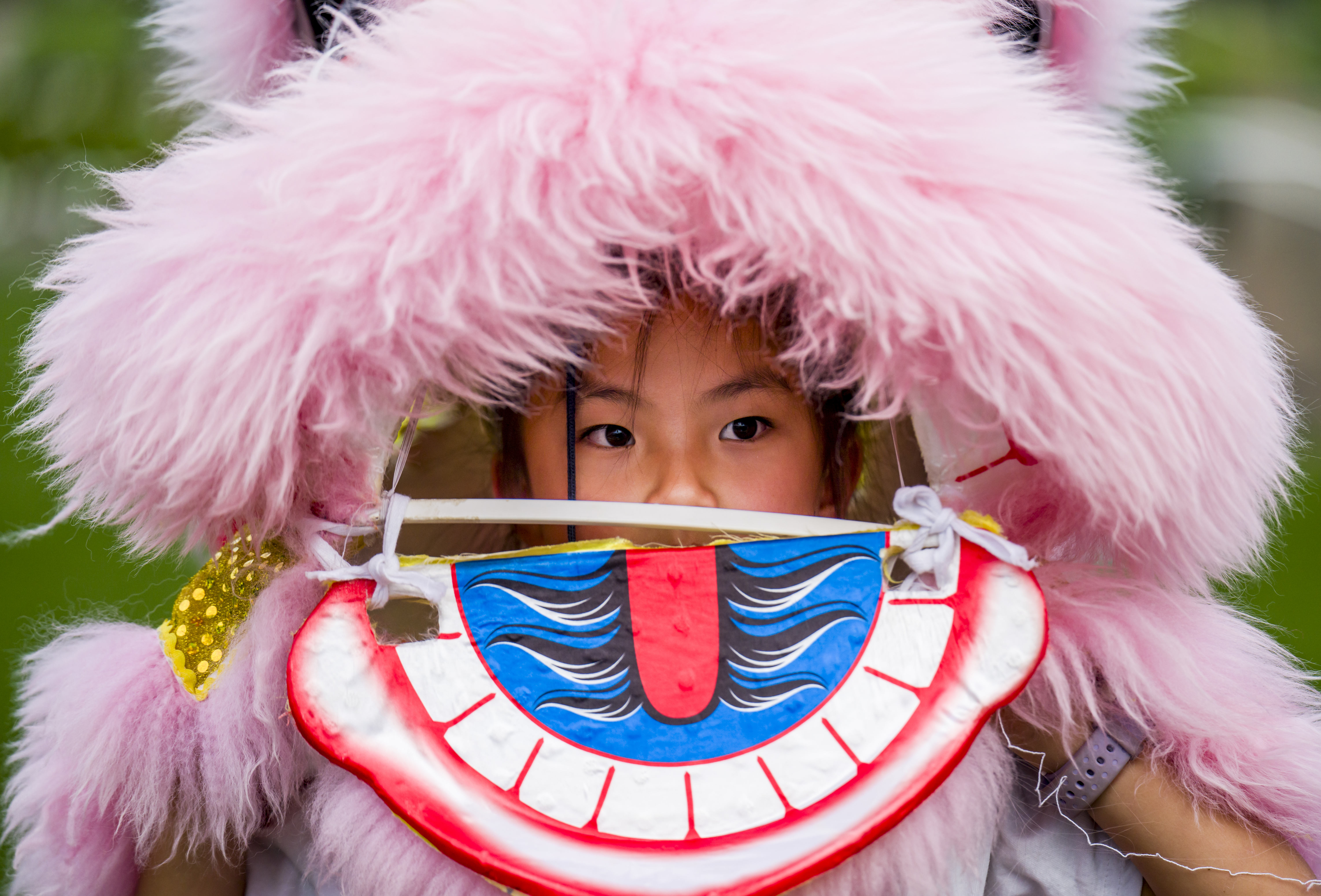 Ava Lee, 8, looks out from her lion dancer costume...