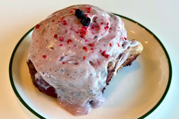 Two Trees Bakery supplies Hooray Cafe in Redlands with pastries such as this Mixed Berry Sourdough Cinnamon Roll. (Photo by Fielding Buck, The Press-Enterprise/SCNG)